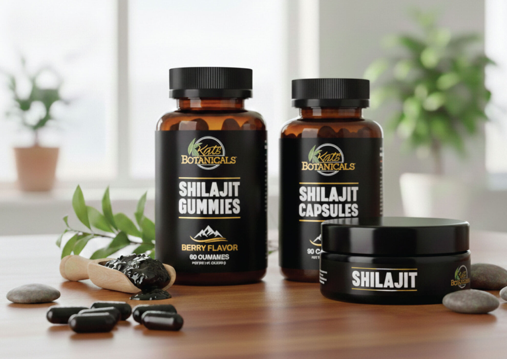 Three containers of Kat’s Botanicals Shilajit products (gummies, capsules, and resin) are displayed on a table with a small plant, black stones, a wooden spoon, and sunlight in the background.