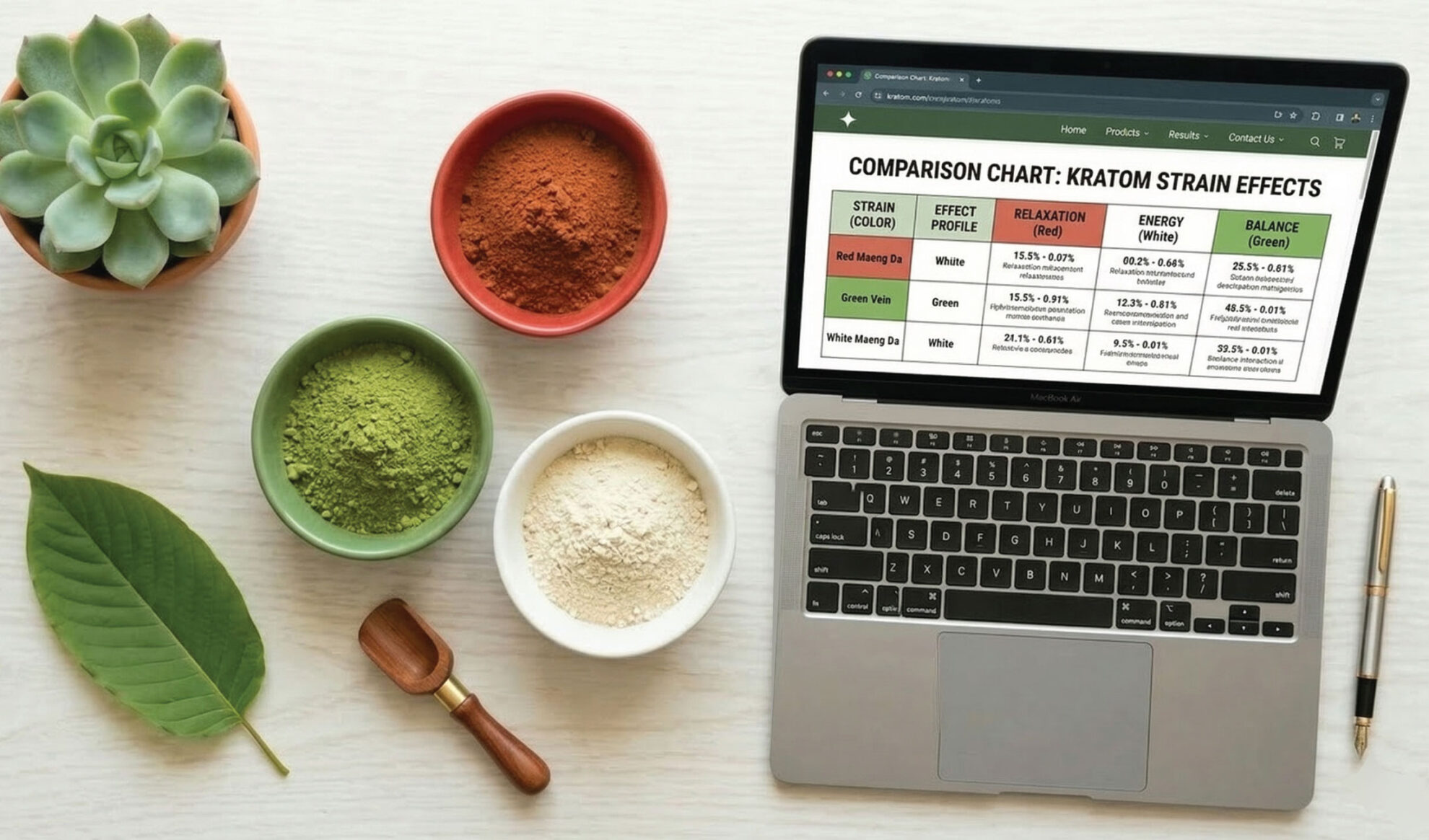 A laptop displaying a kratom strain effects comparison chart sits on a table with bowls of green, white, and brown powders, a succulent plant, a green leaf, and a small wooden spoon.