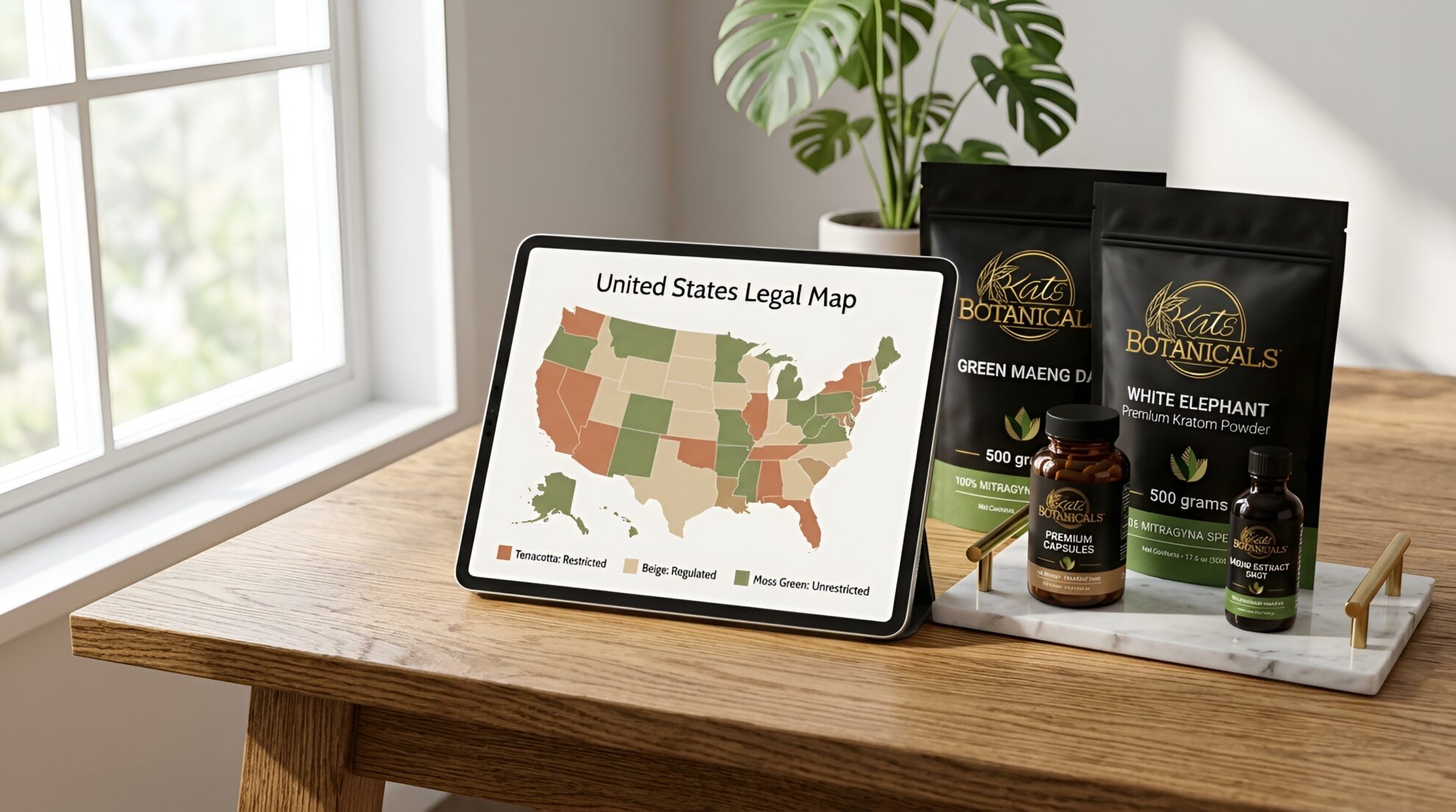 A tablet displaying a U.S. legal status map sits on a wooden desk near a window, next to two botanical supplement bags and two bottles, all labeled Kats Botanicals..