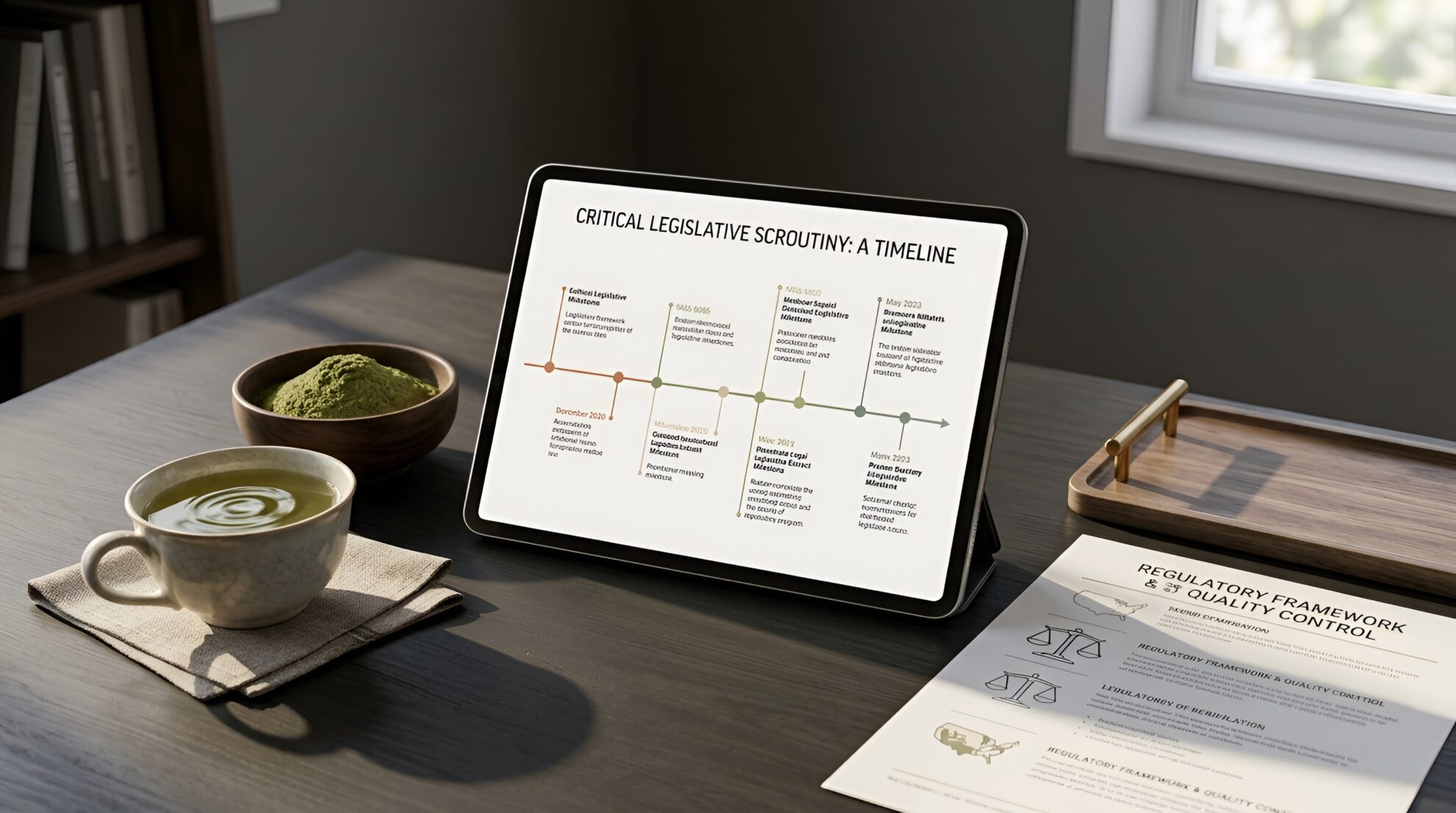 A tablet on a desk displays a legislative timeline. Nearby are a green tea cup, a bowl of matcha powder, a tray, papers, and books. Sunlight streams in from a window onto the desk.
