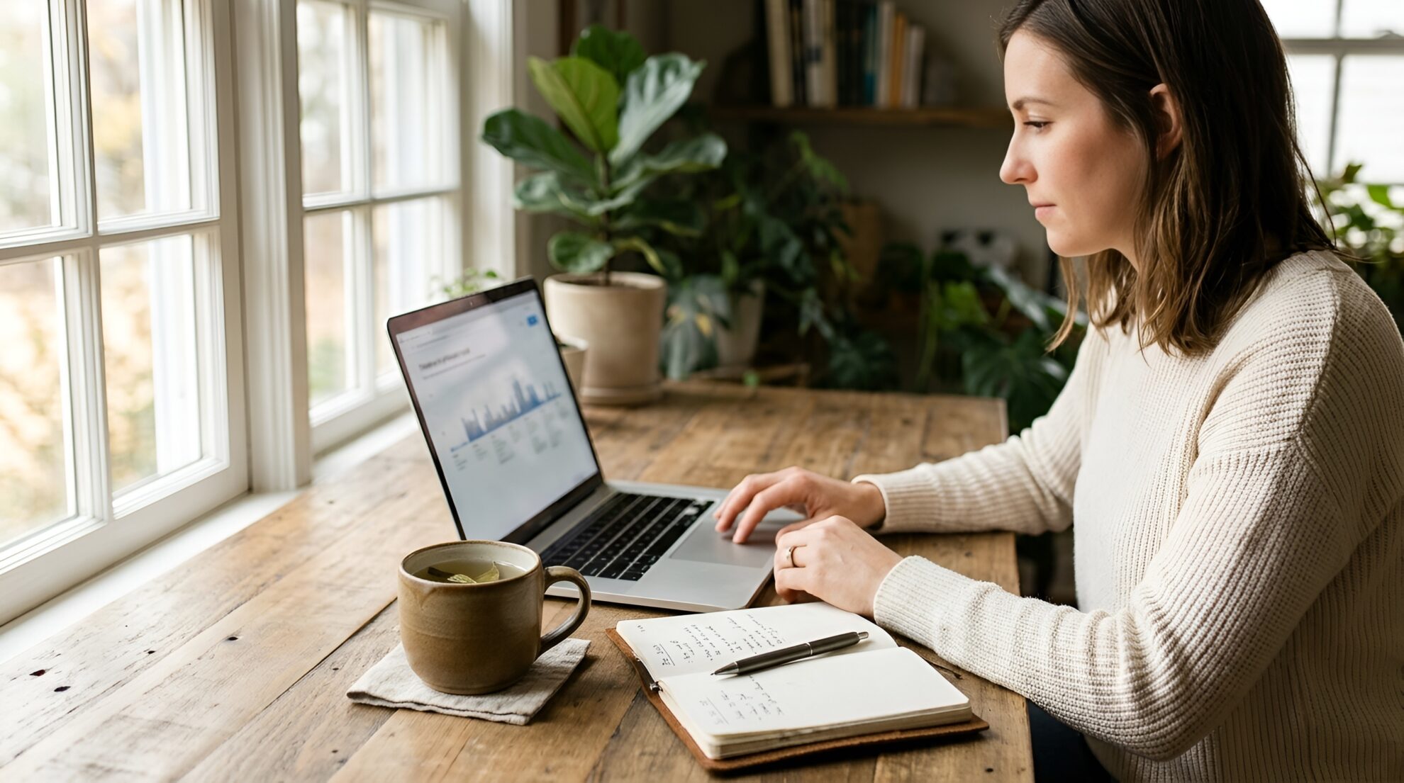 A woman sits at a wooden table with a laptop, notebook, and coffee cup, working near a window with plants in the background. She is focused on her screen, which displays a graph.