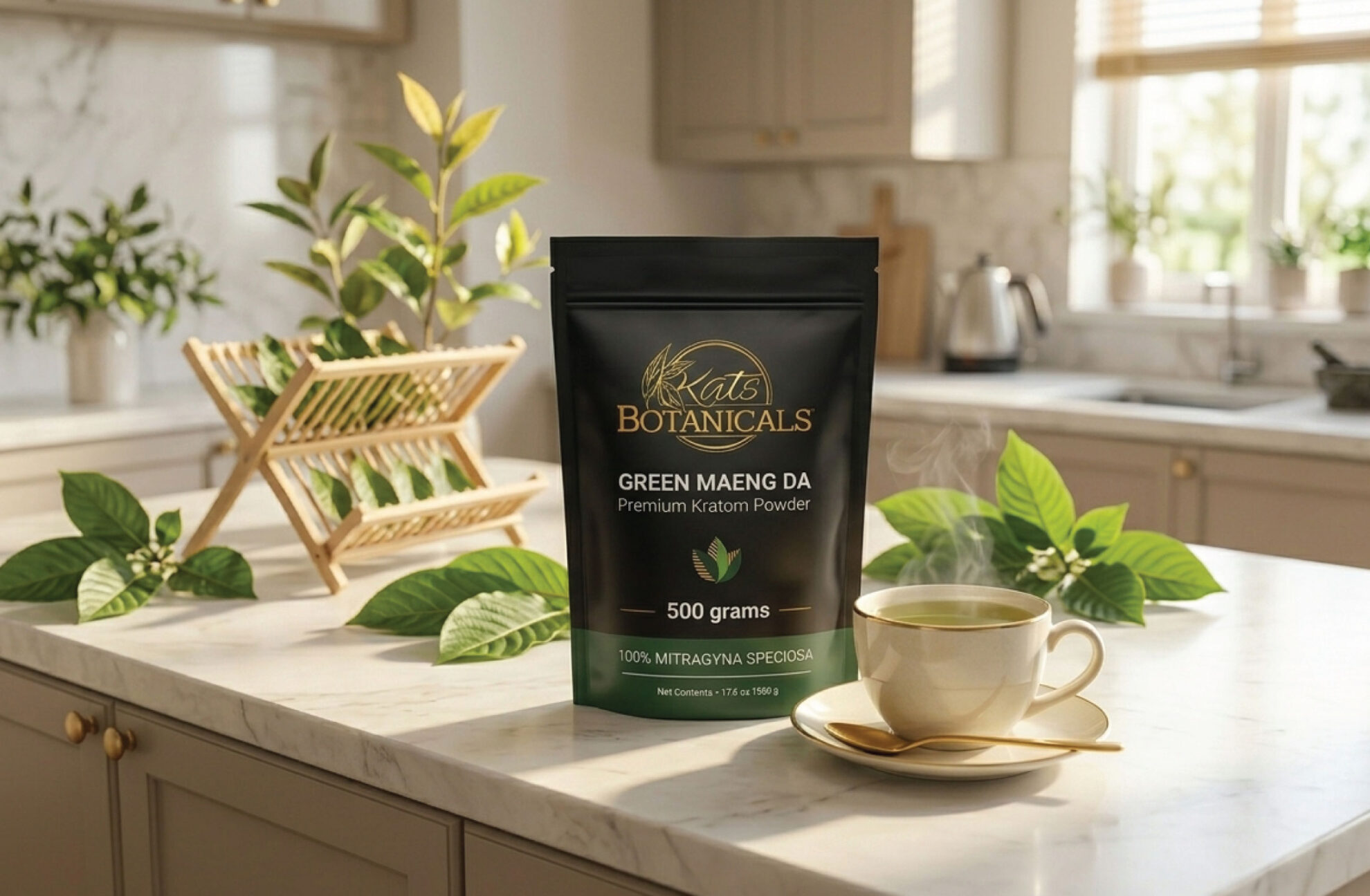 A bag of Kat’s Botanicals Green Maeng Da kratom powder sits on a marble kitchen counter next to a steaming cup, saucer, and spoon, with green leaves and kitchen items in the background.