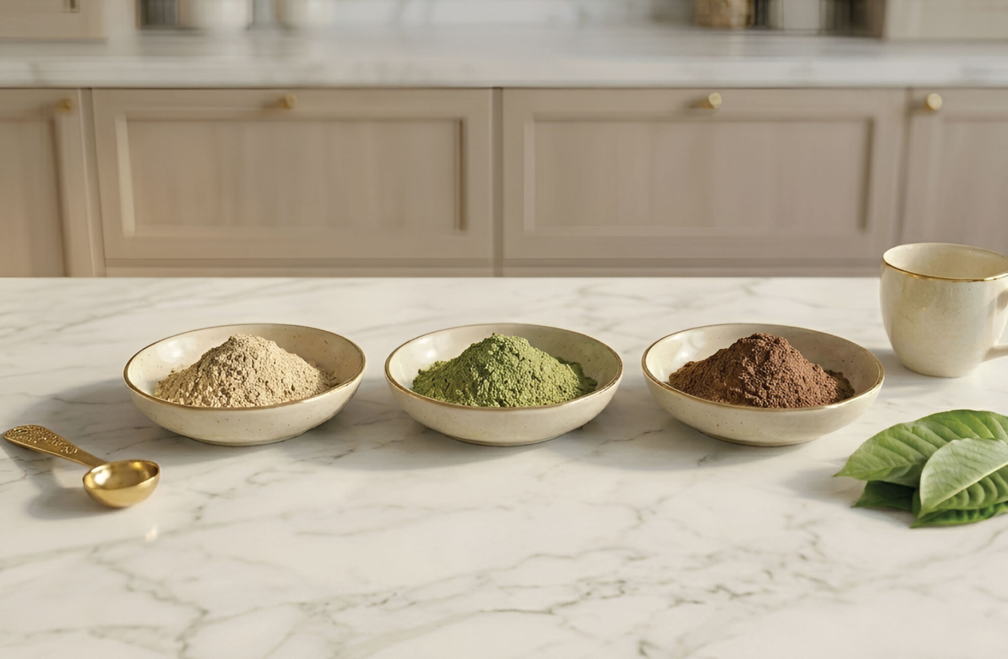 Three bowls filled with beige, green, and brown powders sit on a marble countertop. A gold spoon, a mug, and some green leaves are nearby. The background shows light-colored cabinets.