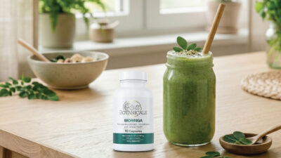 A bottle of Moringa capsules sits on a wooden table next to a mason jar filled with a green smoothie, a bamboo straw, and fresh moringa leaves. A bowl and potted plants are in the blurred background near a bright window.
