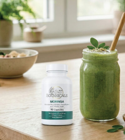 A bottle of Moringa capsules sits on a wooden table next to a mason jar filled with a green smoothie, a bamboo straw, and fresh moringa leaves. A bowl and potted plants are in the blurred background near a bright window.