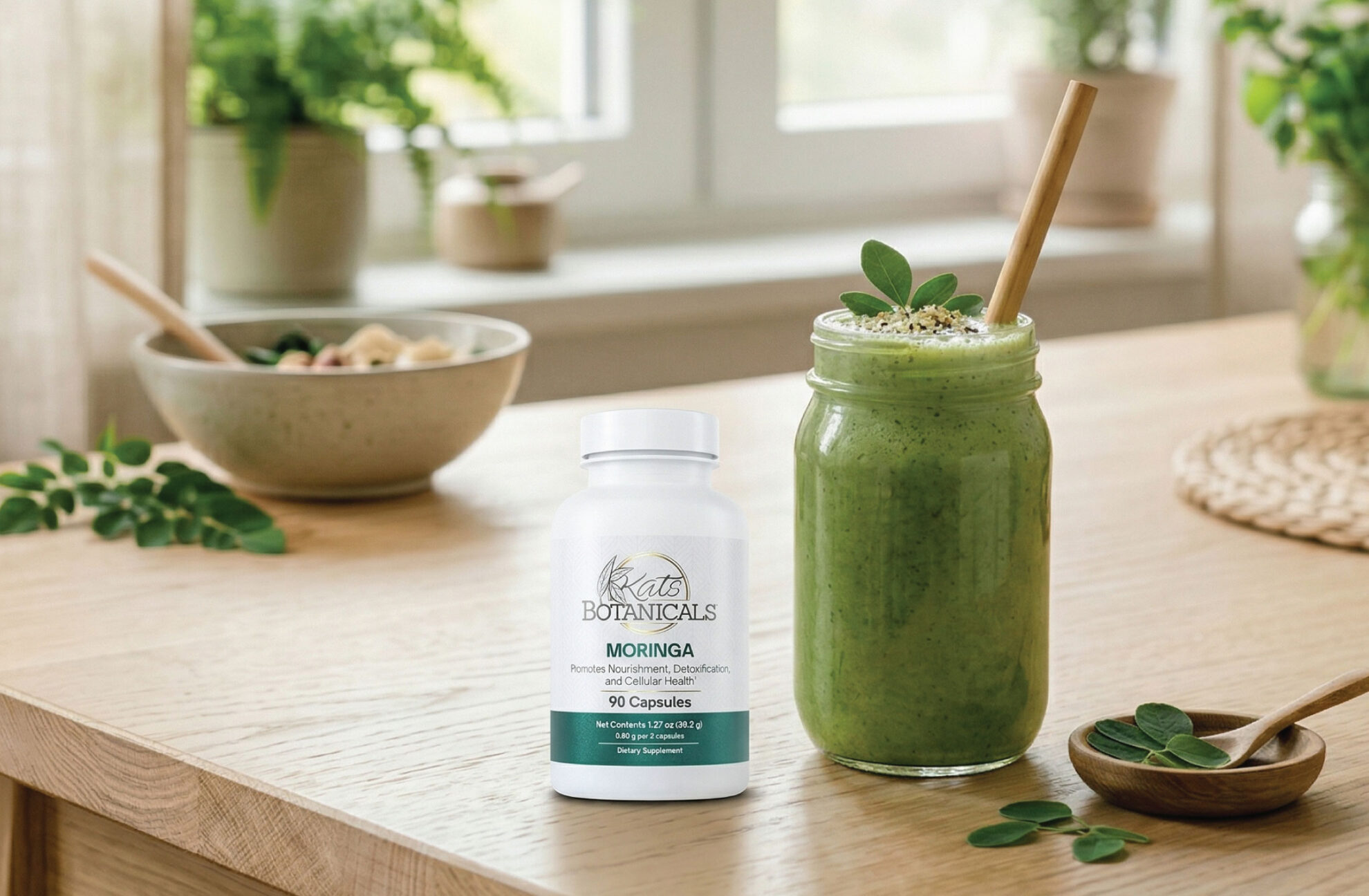 A bottle of Moringa capsules sits on a wooden table next to a mason jar filled with a green smoothie, a bamboo straw, and fresh moringa leaves. A bowl and potted plants are in the blurred background near a bright window.