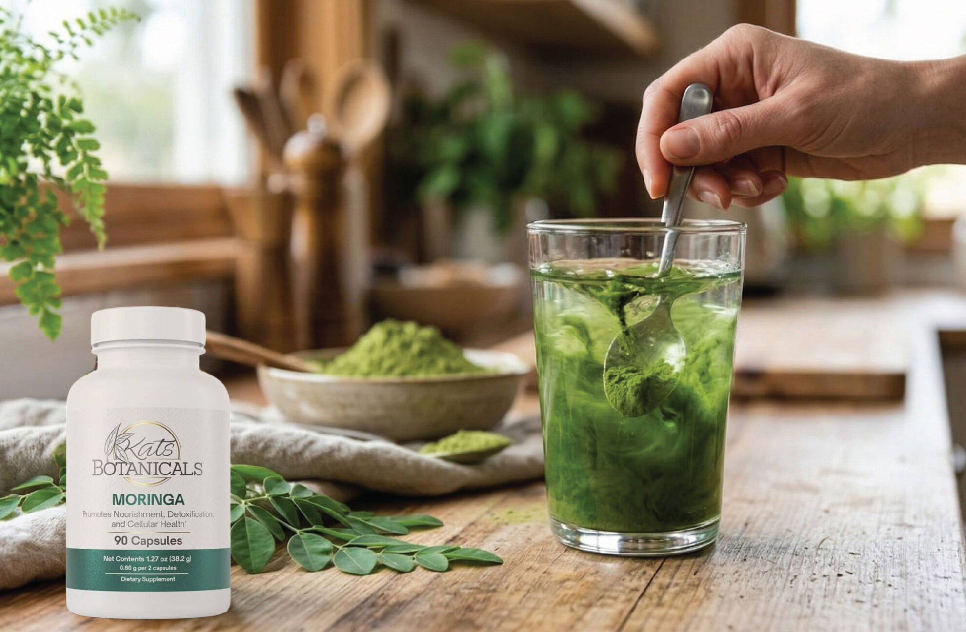 A hand stirs a green moringa drink in a glass on a kitchen counter, with moringa powder and leaves nearby. A bottle labeled Kats Botanicals Moringa 90 capsules is in the foreground.