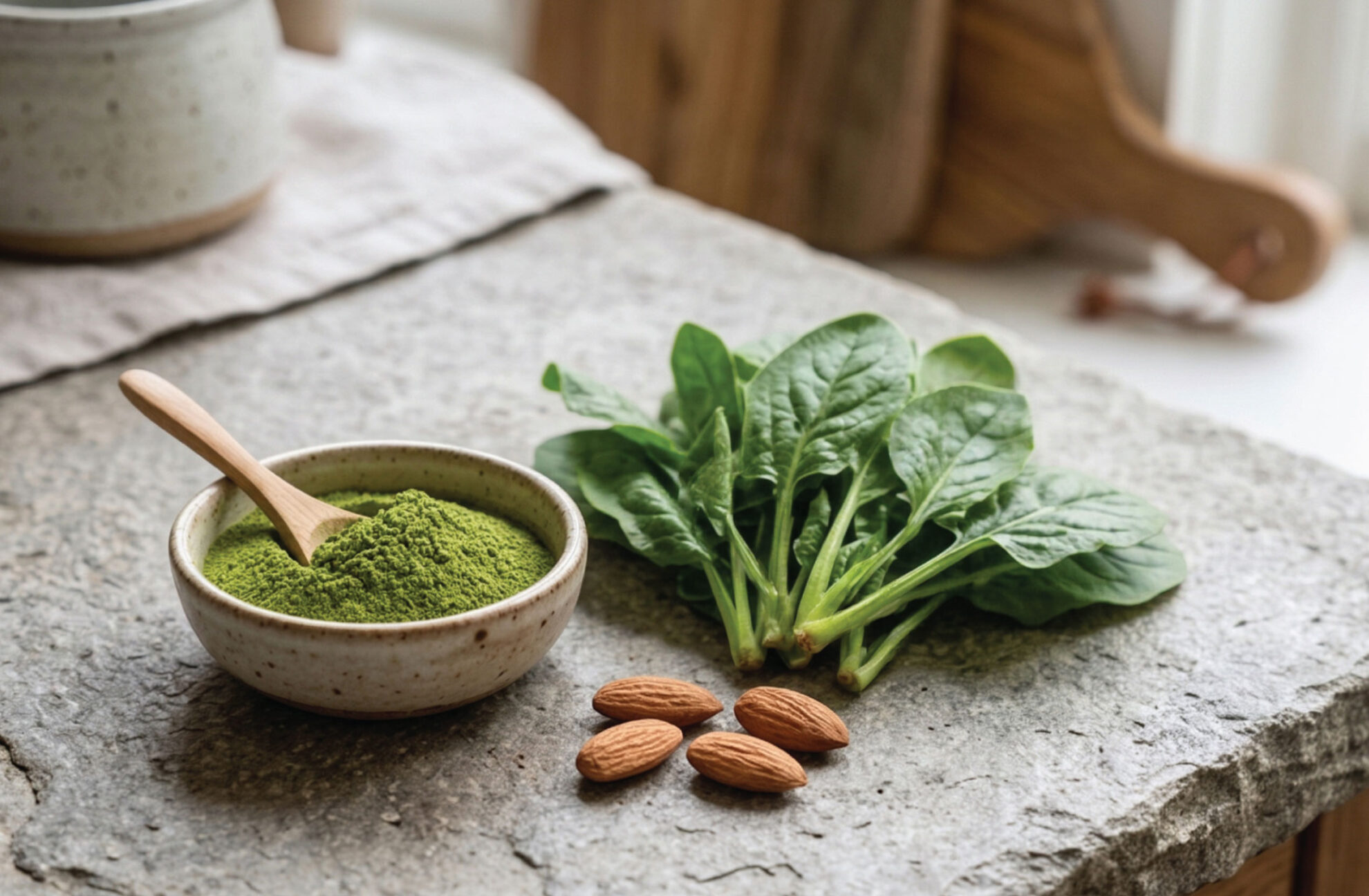  A small bowl of green powder with a wooden spoon, fresh spinach leaves, and several almonds arranged on a stone surface.