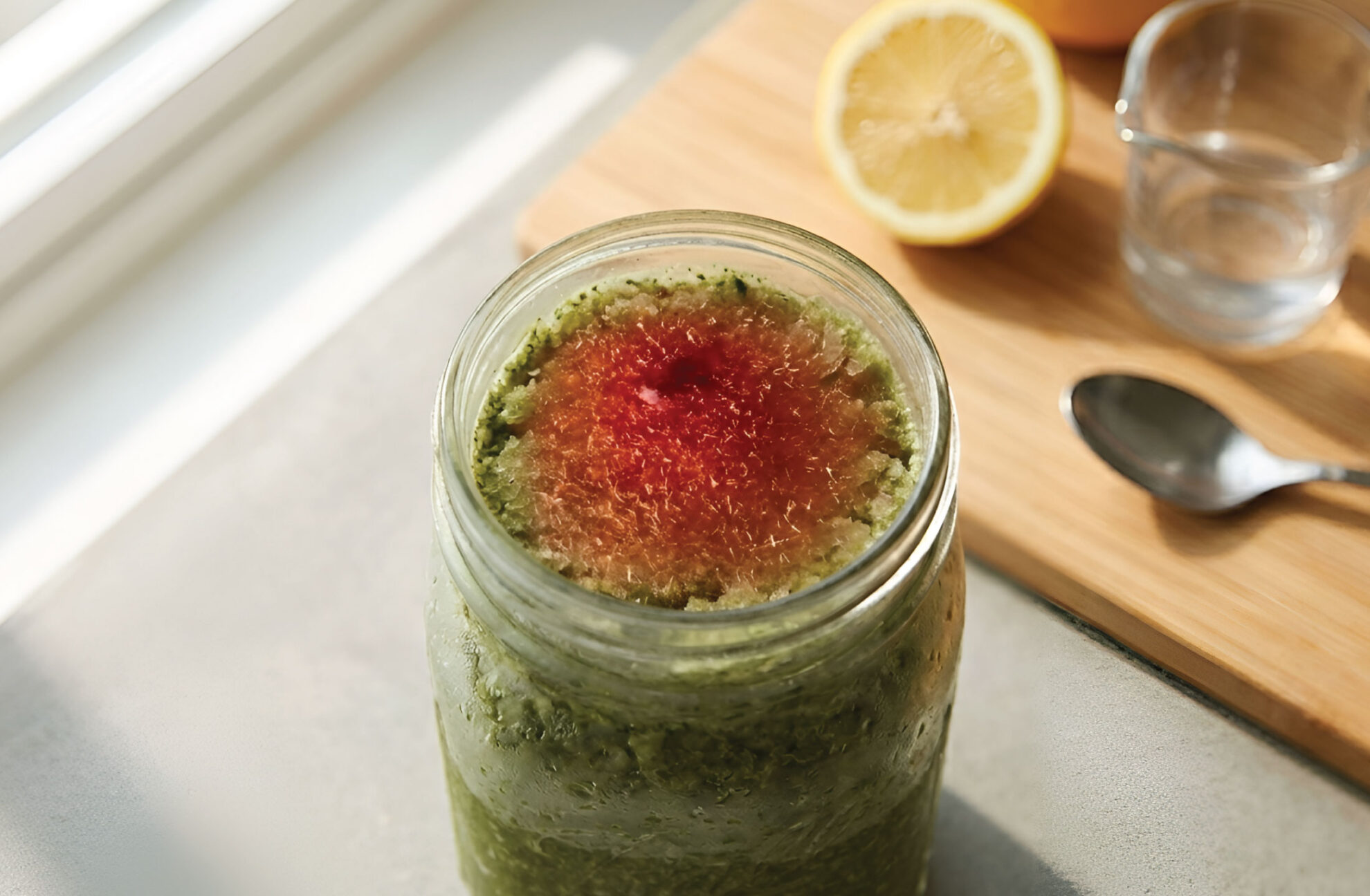 A jar of green smoothie with a red center sits on a light counter next to a half lemon, a spoon, a clear glass, and a wooden cutting board. Sunlight streams in from the left.