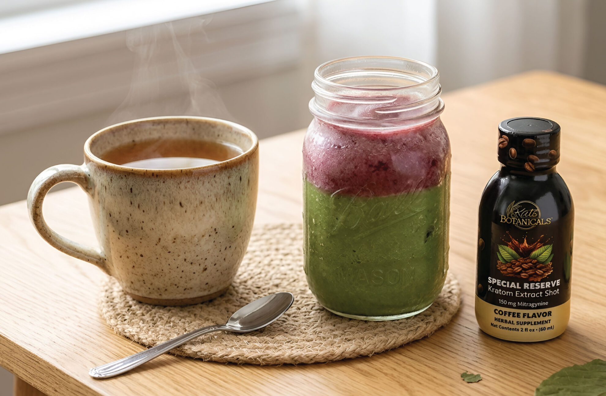A mug of steaming coffee, a layered green and purple smoothie in a mason jar, a small bottle labeled Special Reserve Kratom Extract Shot, and a spoon rest on a woven mat atop a wooden table.