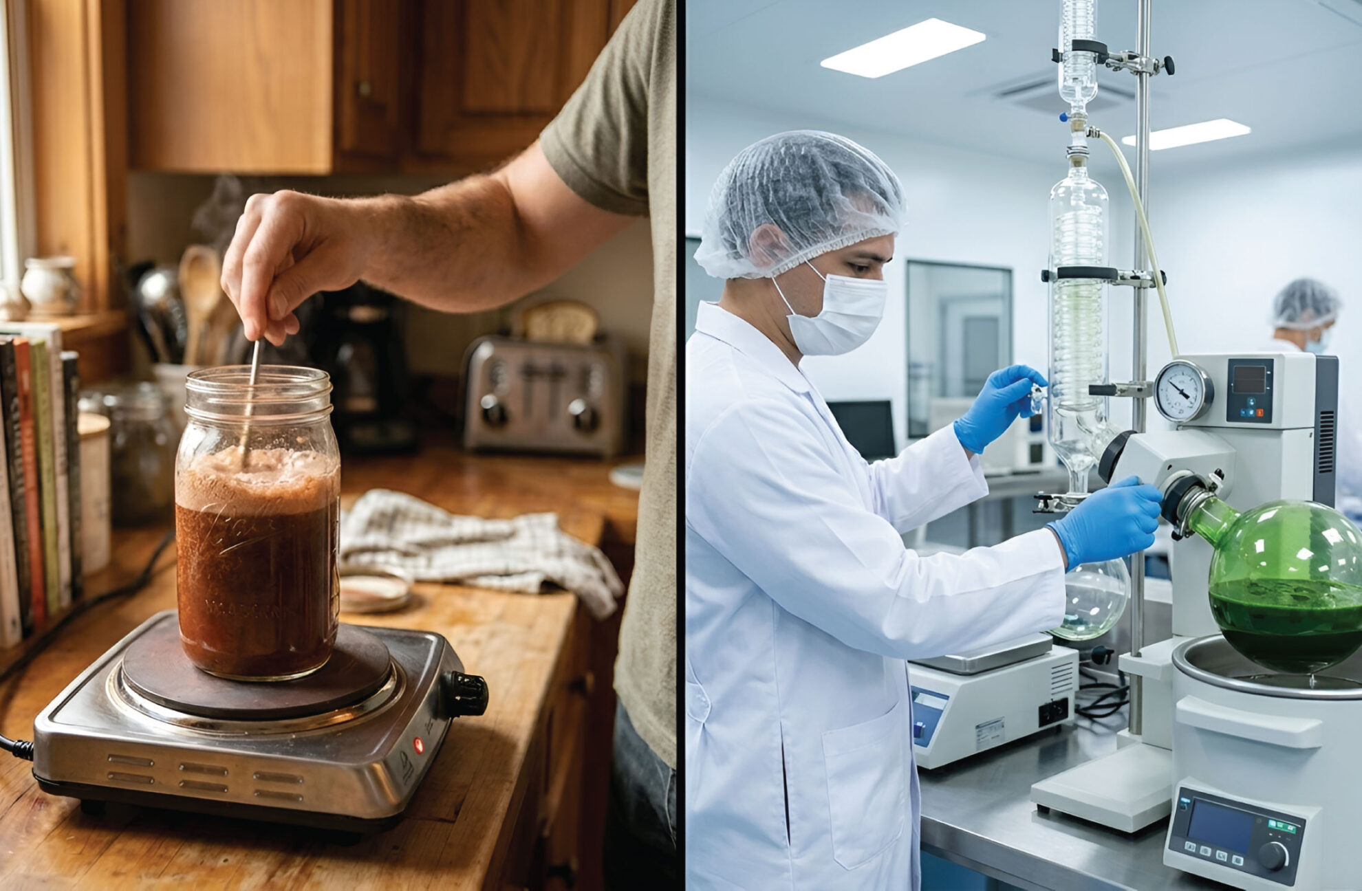 Left: A person stirs a frothy liquid in a jar on a hot plate in a kitchen. Right: A scientist works with lab equipment and green liquid in a laboratory, wearing a lab coat, mask, and gloves.