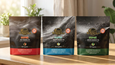 Three bags of Kats Botanicals kratom powder—Red Maeng Da, White Maeng Da, and Green Maeng Da—on a wooden table with sunlight and plants in the background. Each bag displays weight and strain information.