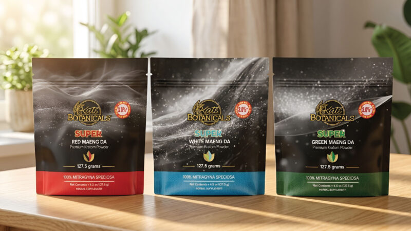 Three bags of Kats Botanicals kratom powder—Red Maeng Da, White Maeng Da, and Green Maeng Da—on a wooden table with sunlight and plants in the background. Each bag displays weight and strain information.