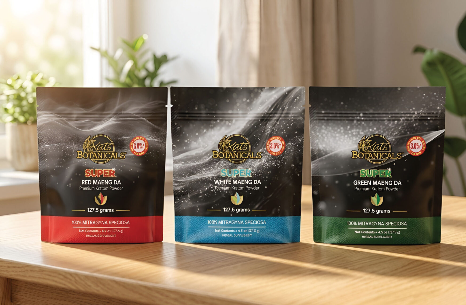Three bags of Kats Botanicals kratom powder—Red Maeng Da, White Maeng Da, and Green Maeng Da—on a wooden table with sunlight and plants in the background. Each bag displays weight and strain information.