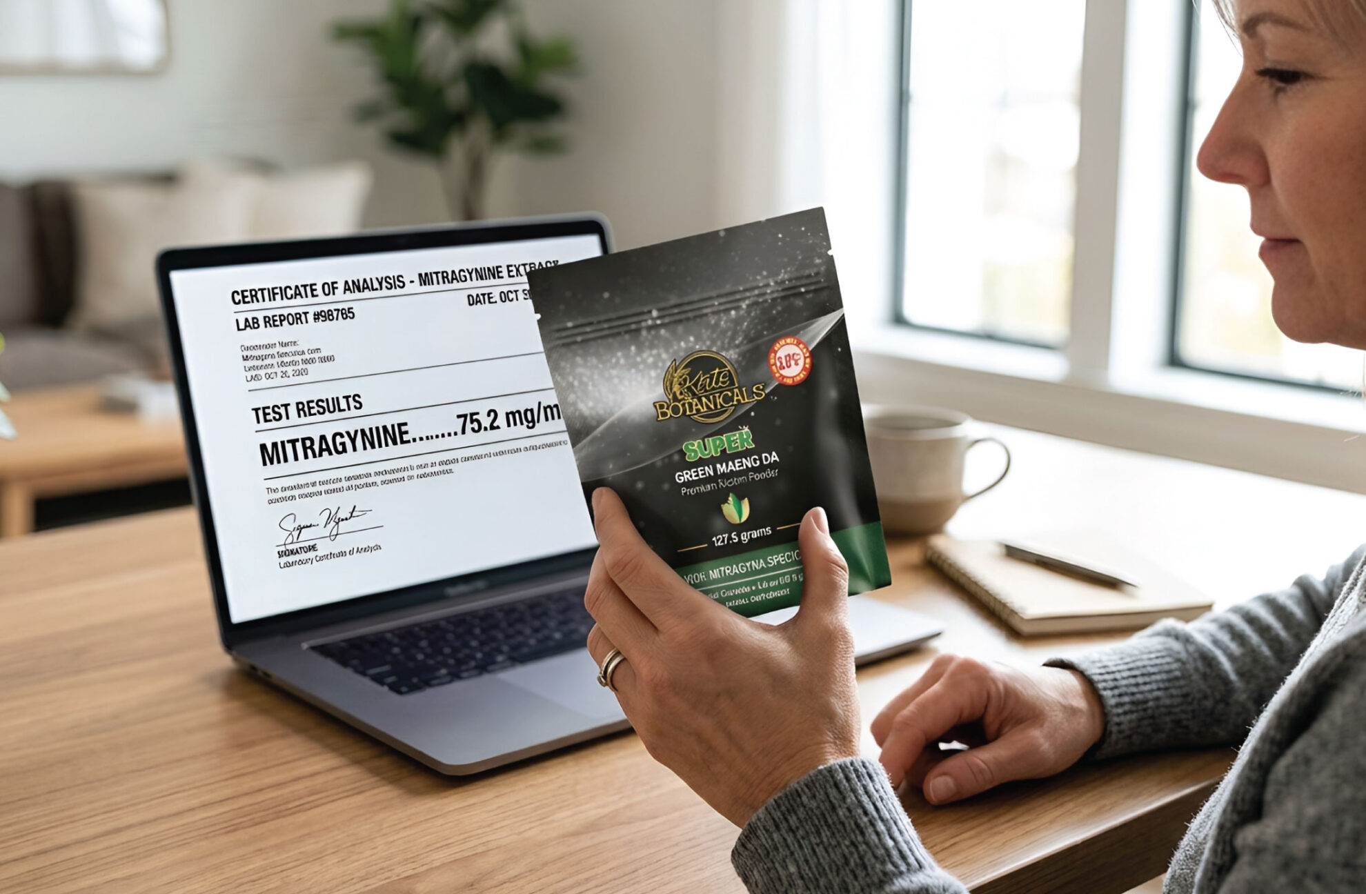 Two green and black Kats Botanicals supplement packages on a kitchen counter, one with powder and a wooden spoon, the other with capsules and one capsule displayed. Clean, bright kitchen background. 
