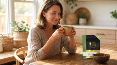 A woman sits at a wooden table in a cozy kitchen, smiling and holding a steaming mug. A bag labeled “Kava” is on the table beside her. Sunlight filters in through a window in the background.
