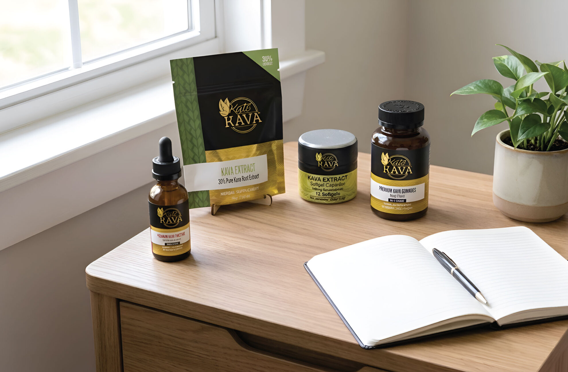 A wooden desk with Kava supplement products, a potted plant, and an open notebook with a pen, next to a window with white trim.