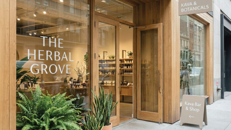 Exterior of The Herbal Grove, a kava bar and botanical shop with large windows, wooden framing, and potted green plants outside. A sidewalk sign reads “Kava Bar & Shop.” The shop interior is visible through the glass.