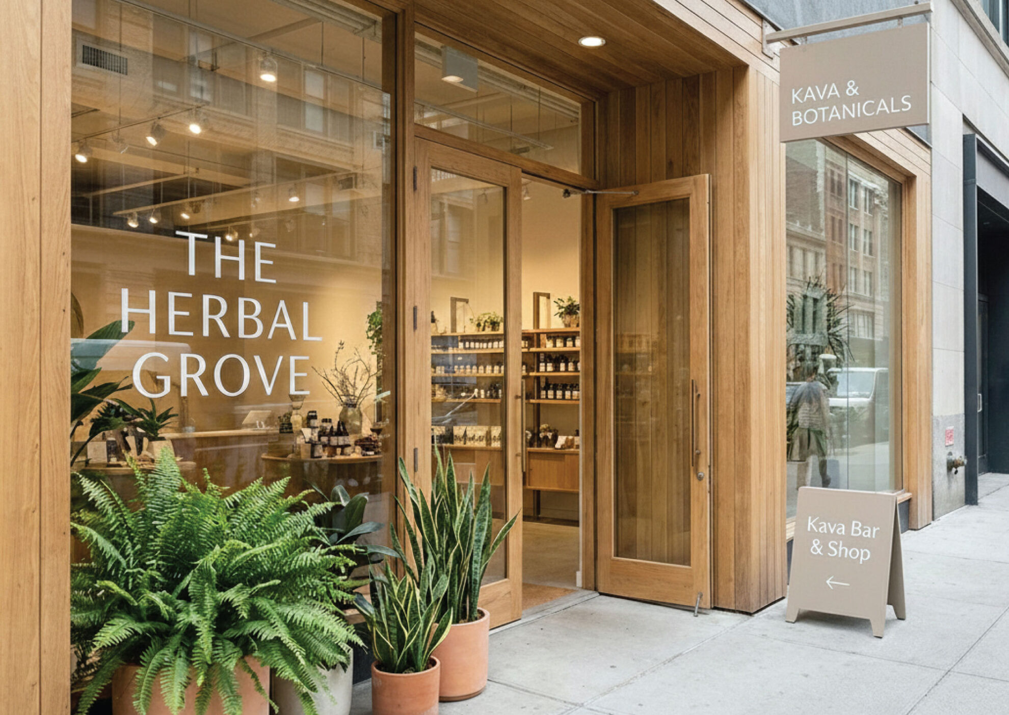 Exterior of The Herbal Grove, a kava bar and botanical shop with large windows, wooden framing, and potted green plants outside. A sidewalk sign reads “Kava Bar & Shop.” The shop interior is visible through the glass.