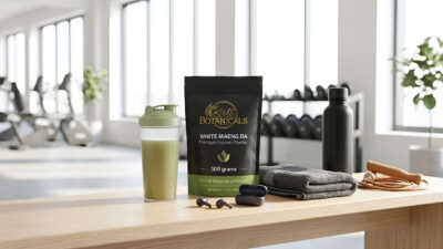 A packet of White Maeng Da kratom powder, a green shaker, towel, jump rope, earbuds, and water bottle on a wooden table in a bright gym with exercise equipment in the background.