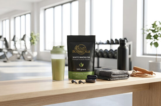 A packet of White Maeng Da kratom powder, a green shaker, towel, jump rope, earbuds, and water bottle on a wooden table in a bright gym with exercise equipment in the background.