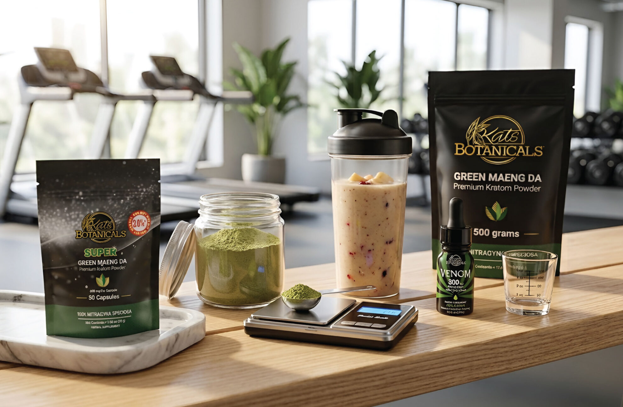 Two bags of Kats Botanicals kratom powder, two golden spoons with powder, and a shaker cup with yellow drink on a wooden table in a gym setting. Fitness equipment is visible in the blurred background.