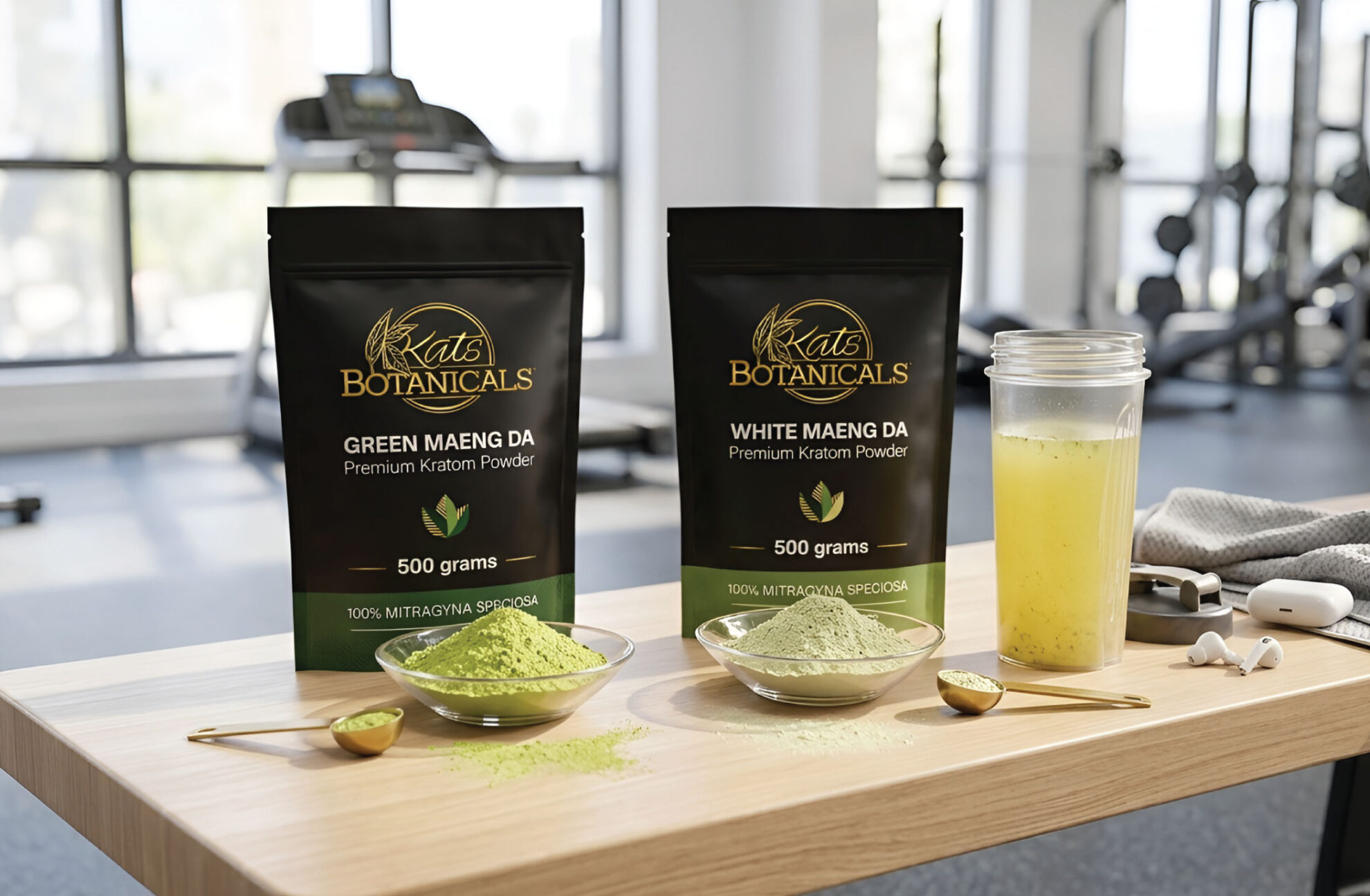 A gym counter with kratom powder, capsules, a smoothie, a scale, a dropper bottle, a glass, and bags labeled Kats Botanicals Green Maeng Da. Gym equipment is visible in the background.