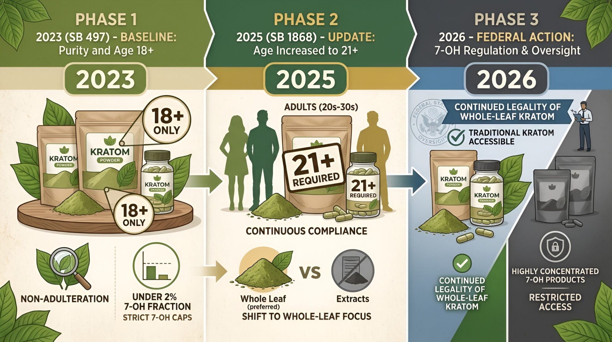 Infographic showing phased kratom regulation from 2023-2026: Phase 1 sets age 18+, Phase 2 raises age to 21+, and Phase 3 adds oversight on 7-OH products. Illustrations include kratom leaves, products, and compliance checkpoints.