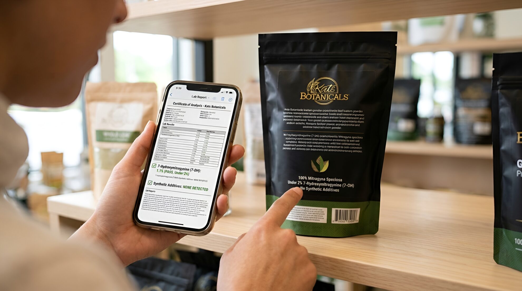 A person compares a supplements lab results on a smartphone to the information on the products packaging while standing in a store aisle with similar items on wooden shelves.