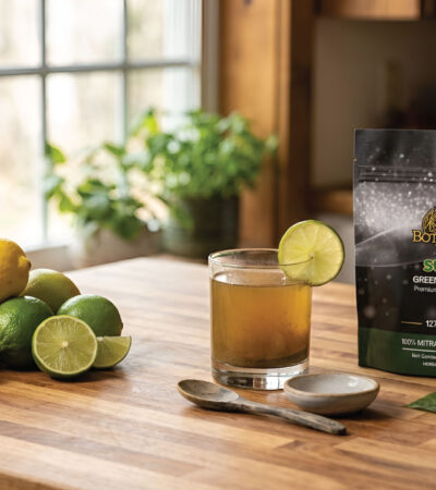A glass of brownish drink with a lime slice sits beside citrus fruits and a packet labeled Kats Botanicals Green Maeng Da on a wooden counter in a sunlit kitchen.