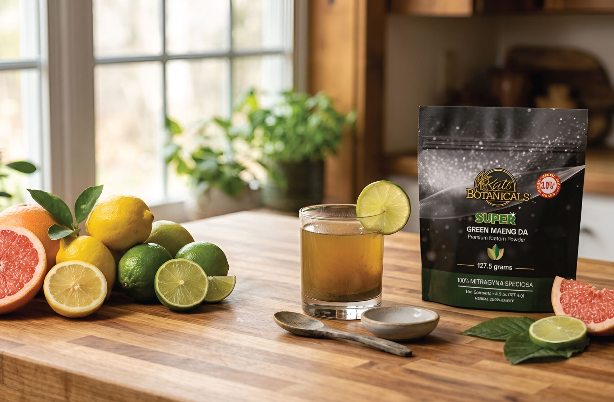 A glass of brownish drink with a lime slice sits beside citrus fruits and a packet labeled Kats Botanicals Green Maeng Da on a wooden counter in a sunlit kitchen.