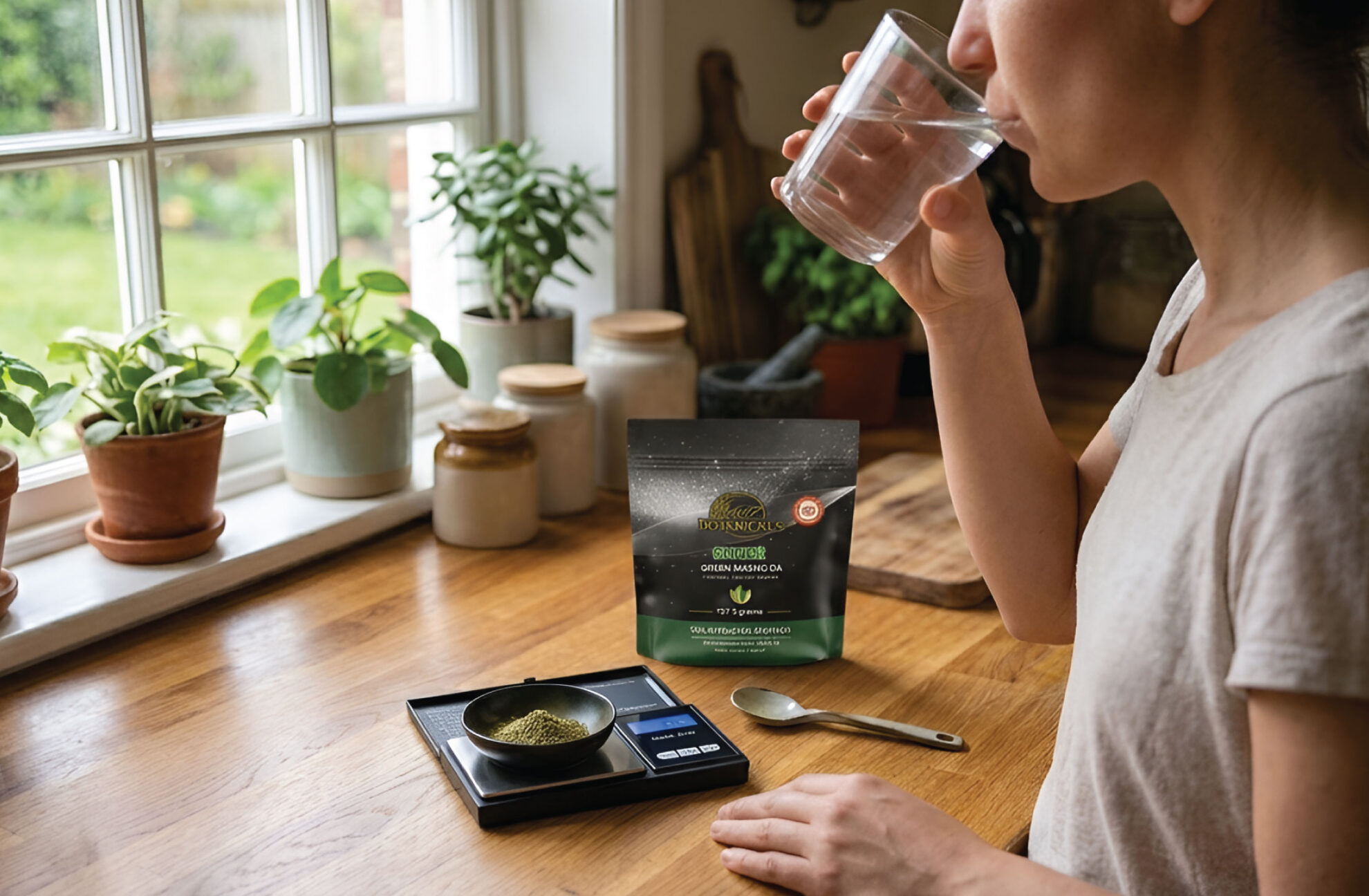 A person drinks a glass of water in a kitchen while green matcha powder sits on a digital scale next to a packet labeled Organic Green Matcha. Potted plants line the window ledge in the background.