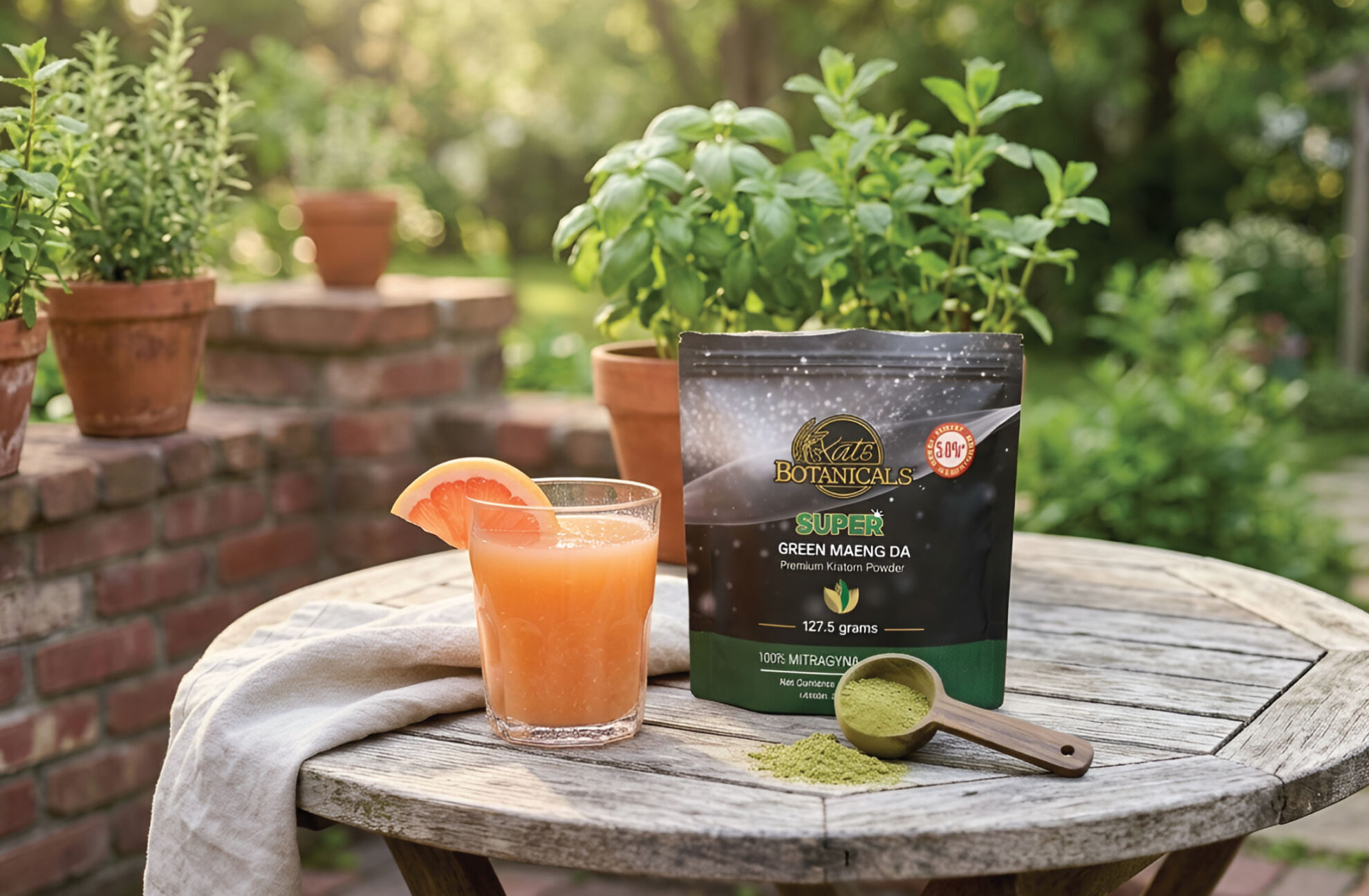 A glass of orange juice with a grapefruit slice sits on a wooden table outdoors, next to a bag of green matcha powder, a scoop of powder, and potted plants in the background.