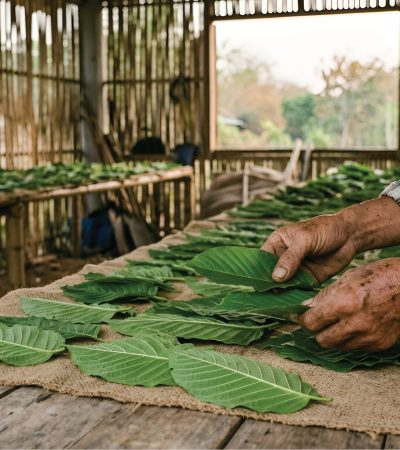 A person arranges large green leaves on a burlap-covered table inside a rustic structure with bamboo walls. More leaves are spread out in the background.