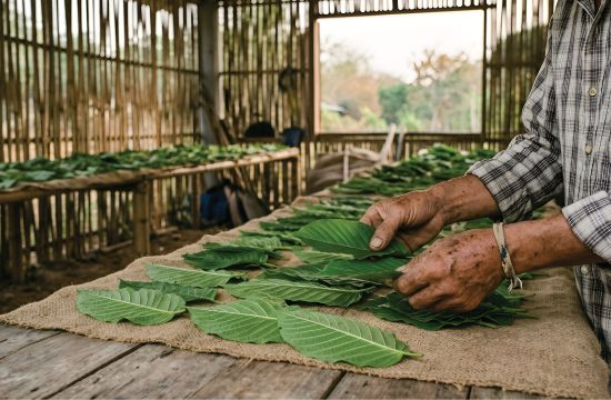 A person arranges large green leaves on a burlap-covered table inside a rustic structure with bamboo walls. More leaves are spread out in the background.