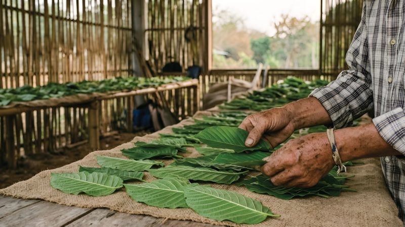 A person arranges large green leaves on a burlap-covered table inside a rustic structure with bamboo walls. More leaves are spread out in the background.