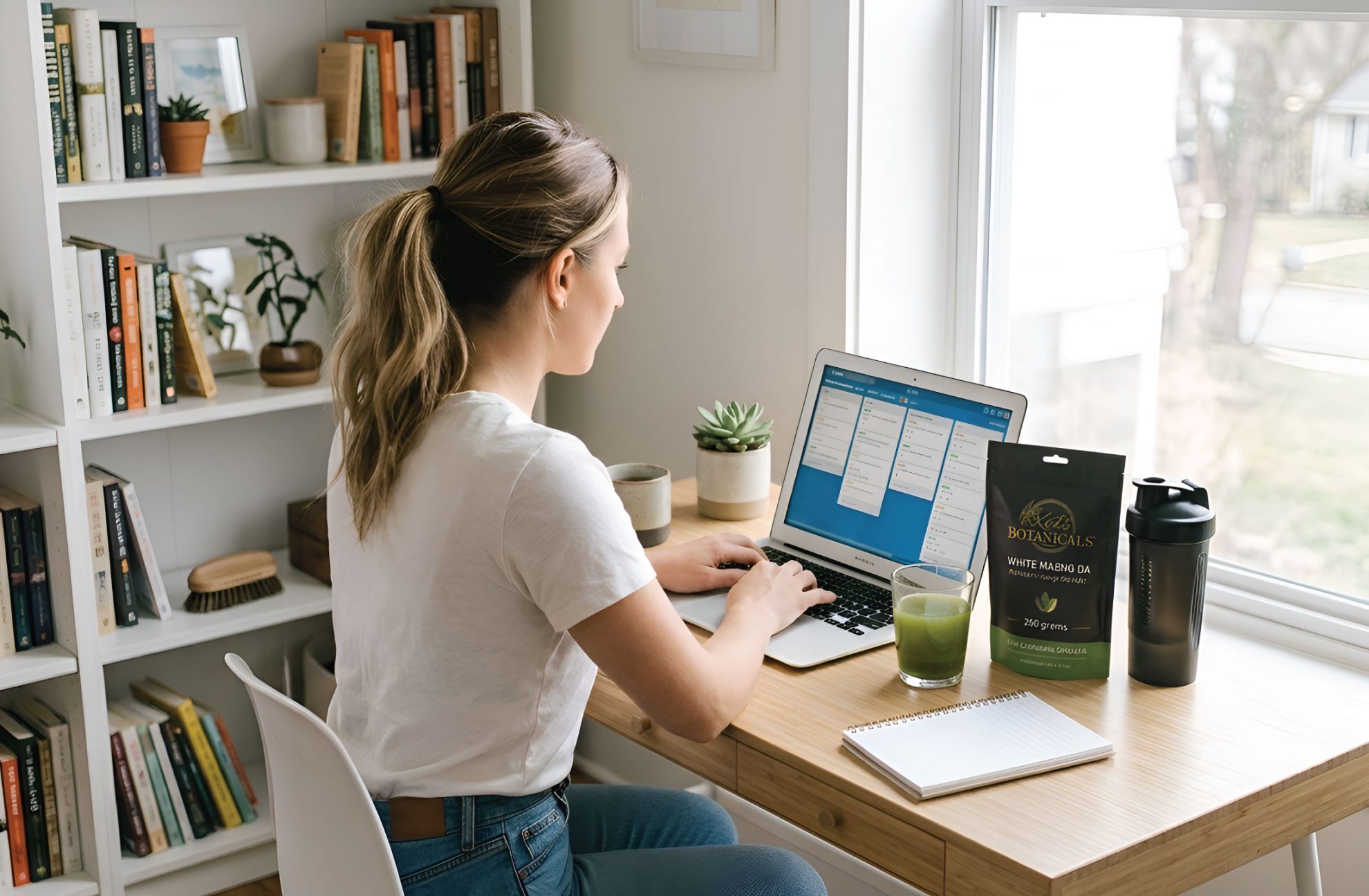 A woman works at a desk with a laptop near a window. There’s a notebook, a pen, a glass of green juice, a packet of tea, and a shaker bottle on the desk. A bookshelf with plants is in the background.