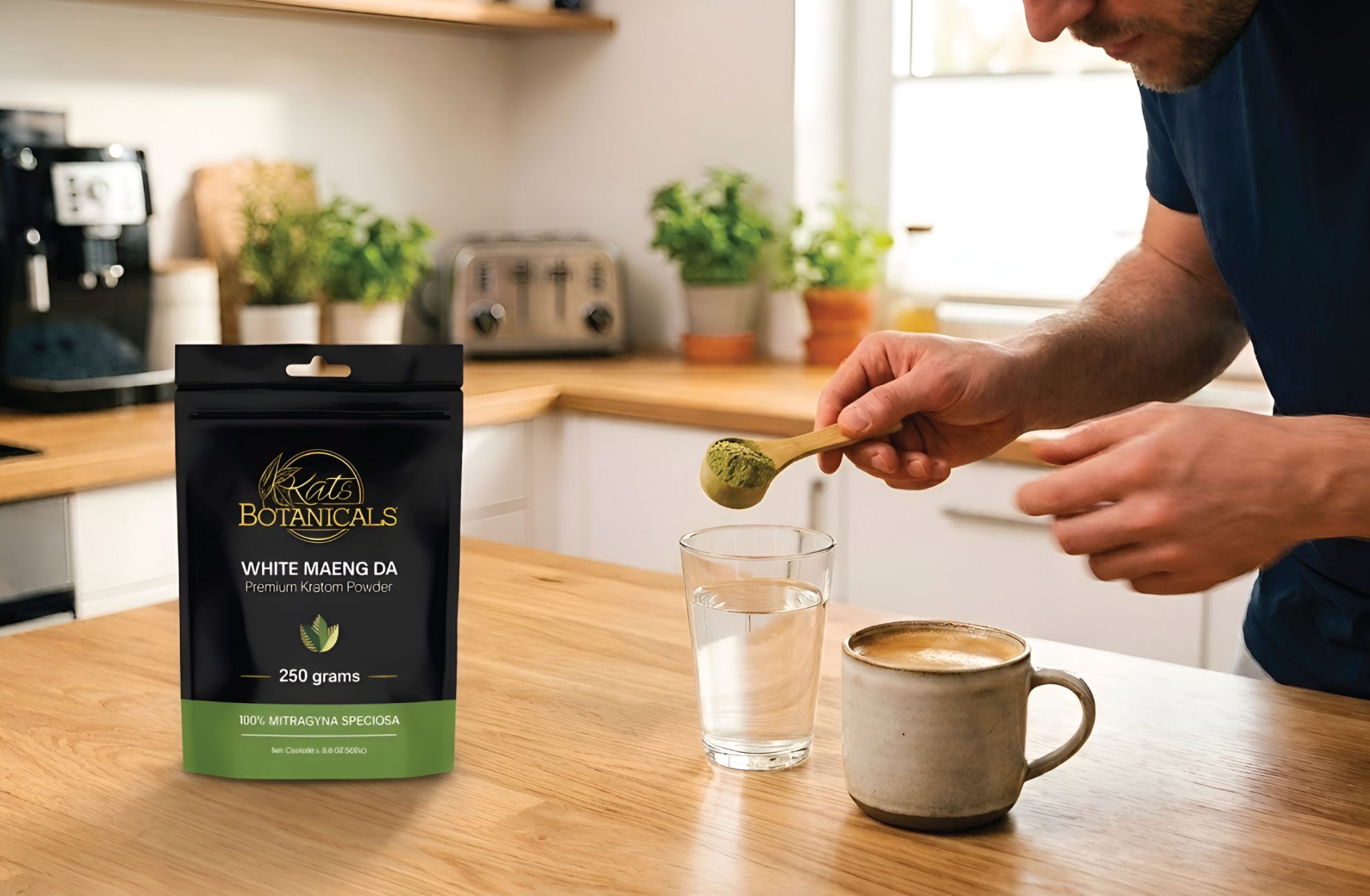 A person scoops green powder from a bag labeled “White Maeng Da” into a glass of water in a bright, modern kitchen. A cup of coffee sits on the counter.