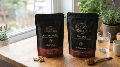 Two Kats Botanicals kratom products on a wooden table, with capsules and a spoonful of powder beside them. Potted plants and a glass of water are in the background near a sunny window.