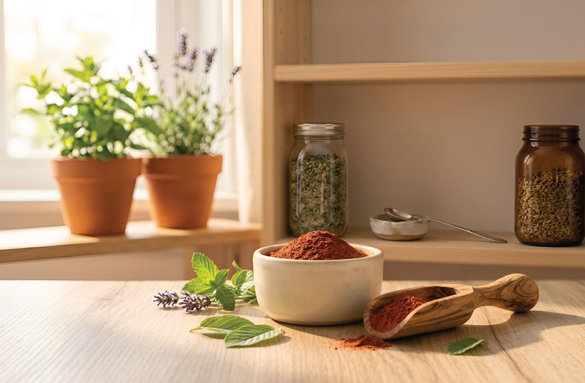 A bowl and scoop of red spice on a wooden table, with fresh herbs, glass jars, and potted plants by a sunny window in the background.