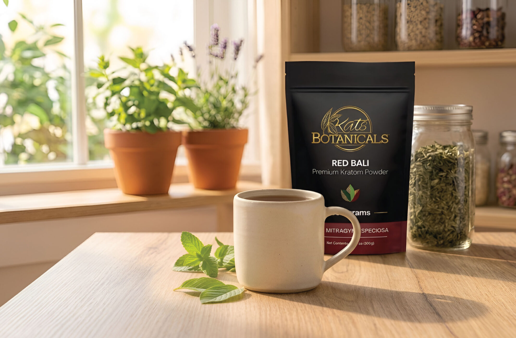 A mug sits on a wooden table next to green leaves and a bag labeled Kats Botanicals Red Bali Kratom Powder, with potted plants and jars of herbs in the background by a sunny window.