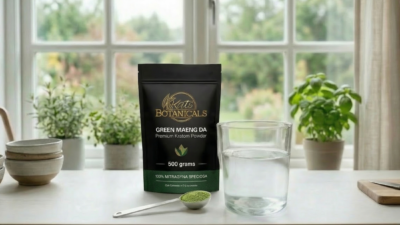 A bag of Kats Botanicals Green Maeng Da Kratom powder, a glass of water, a bowl, and a spoon with green powder are displayed on a table in front of a window with a garden view.