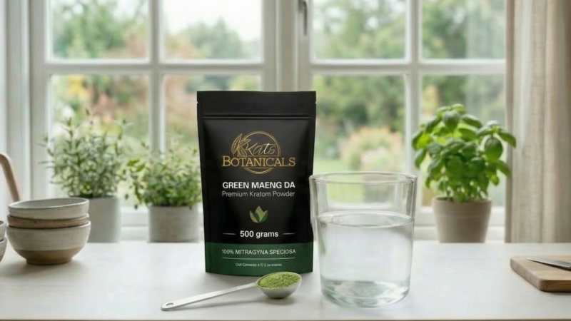 A bag of Kats Botanicals Green Maeng Da Kratom powder, a glass of water, a bowl, and a spoon with green powder are displayed on a table in front of a window with a garden view.