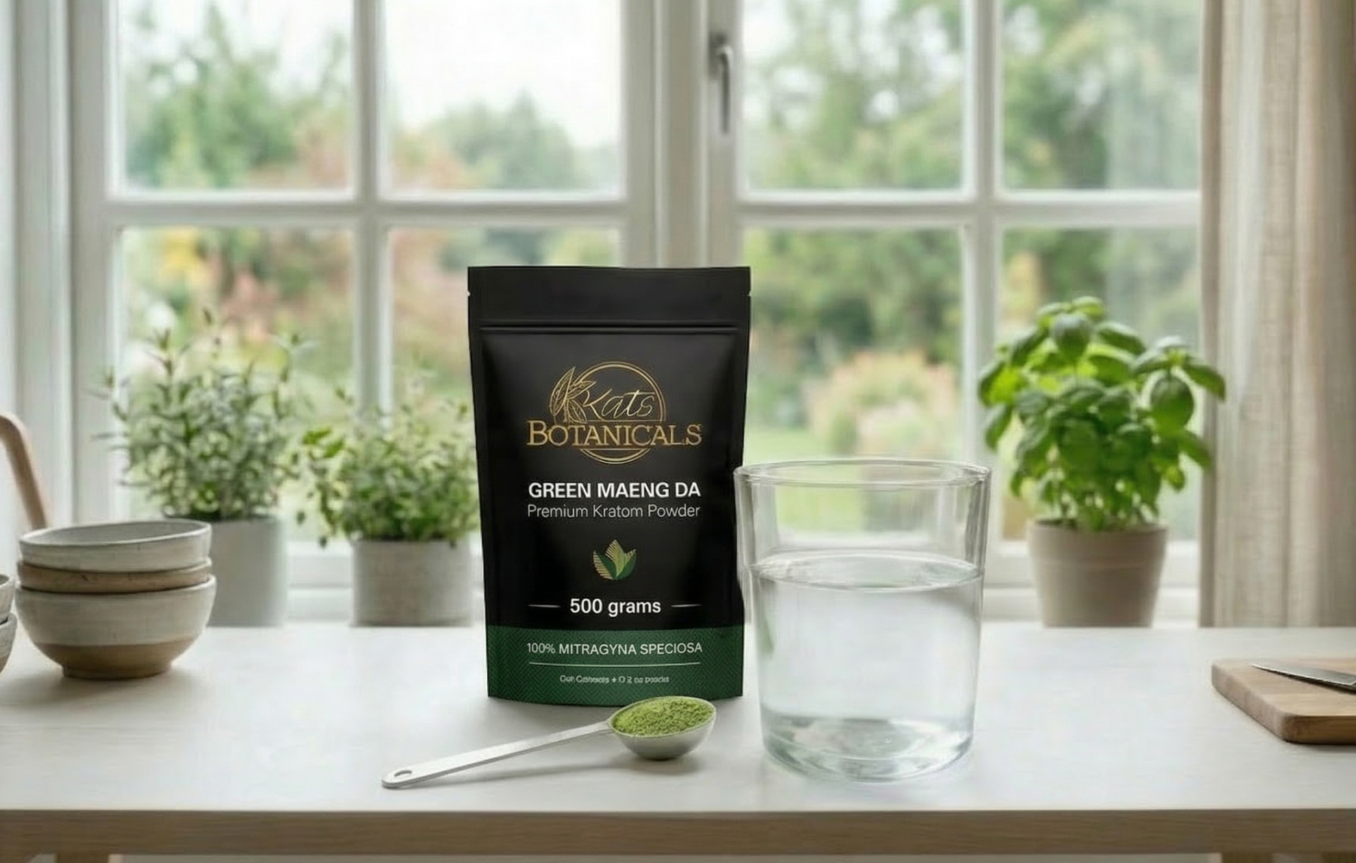 A bag of Kats Botanicals Green Maeng Da Kratom powder, a glass of water, a bowl, and a spoon with green powder are displayed on a table in front of a window with a garden view.