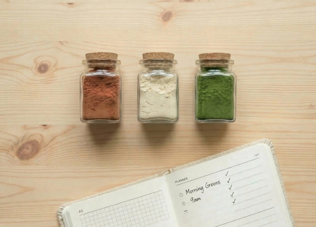  Three glass jars with cork lids containing brown, white, and green powders are lined up on a wooden surface. In front of them is an open planner with a checklist that includes Morning Greens at 9am.