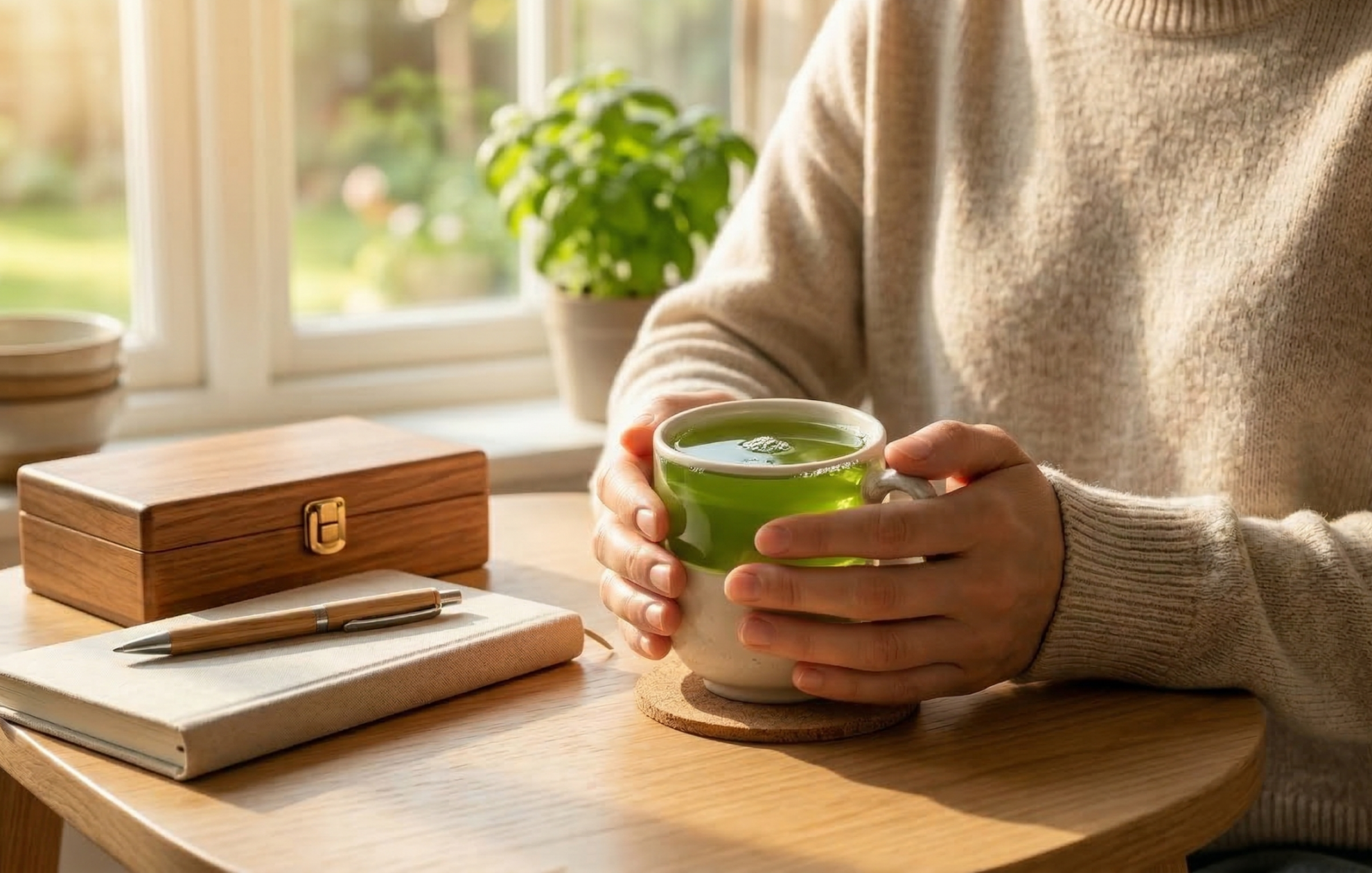 A person wearing a beige sweater holds a green mug with both hands at a sunlit wooden table, with a notebook, pen, wooden box, and a potted plant in the background.