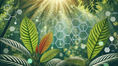 Sunlight streams through lush green leaves in a forest, with transparent hexagonal chemical structures and formulas overlaid, symbolizing the connection between nature and science or biotechnology.
