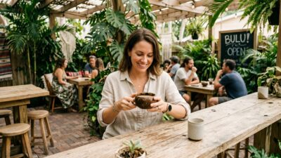 A woman smiles while holding a drink at a rustic outdoor café surrounded by lush plants, with other people sitting at tables and a sign that reads BULU! OPEN in the background.