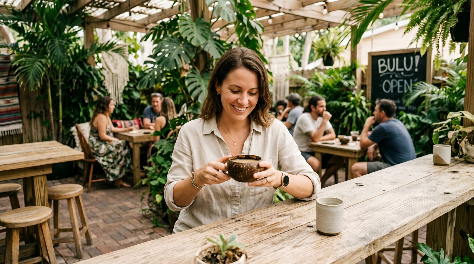 A woman smiles while holding a drink at a rustic outdoor café surrounded by lush plants, with other people sitting at tables and a sign that reads BULU! OPEN in the background.