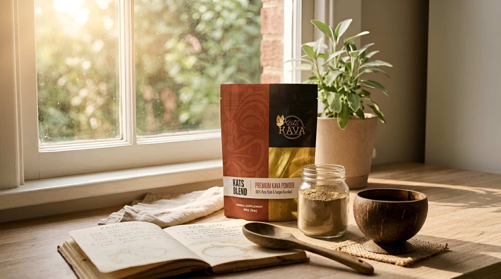 A packet of Kava powder, a jar of powder, a wooden bowl, an open notebook, and a plant sit on a sunlit windowsill on a wooden table.